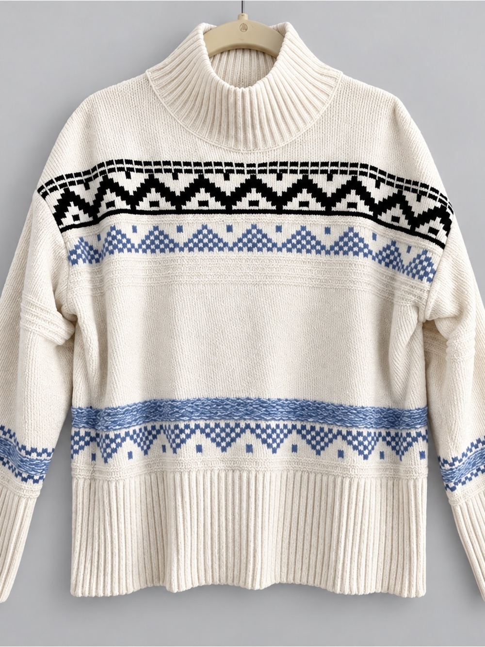 Christian Siriano Cream Turtleneck Sweater with Blue and Black Fair Isle